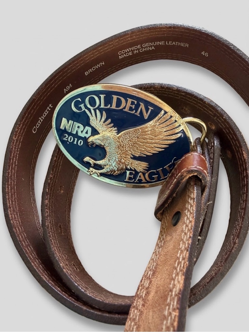 Carhartt Brown Leather Belt with Gold Eagle NRA 2010 Oval Buckle
